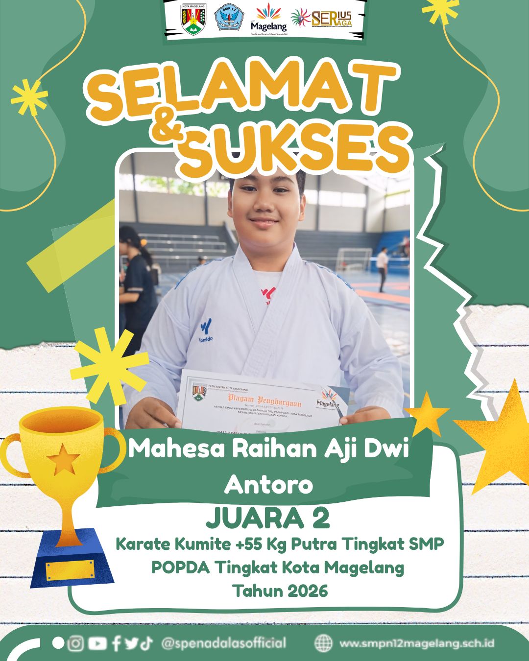 SMP Negeri 12 Magelang Raih Prestasi di POPDA Kota Magelang 2026 Cabang Karate Kumite +55 Putra